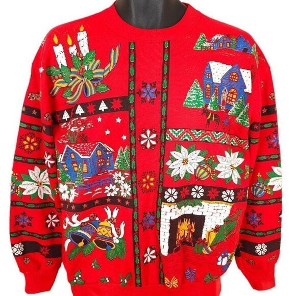 Christmas Teddy Bear Sweatshirt Vintage 90s All Over Print Made In USA Mens - Picture 1 of 7